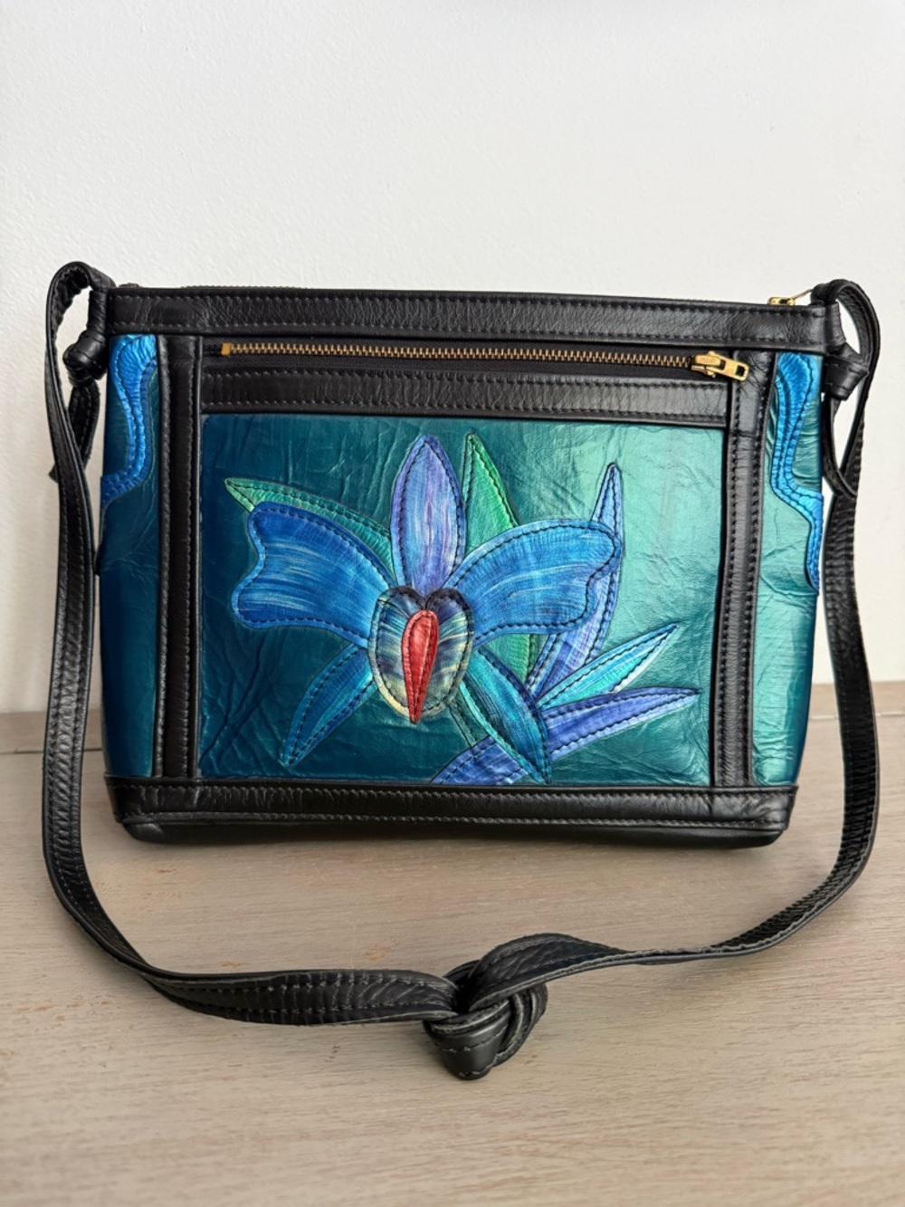 Vintage 70s 80s Hand Painted Teal Orchid Leather Shoulder Bag Talon Zip Artisan
